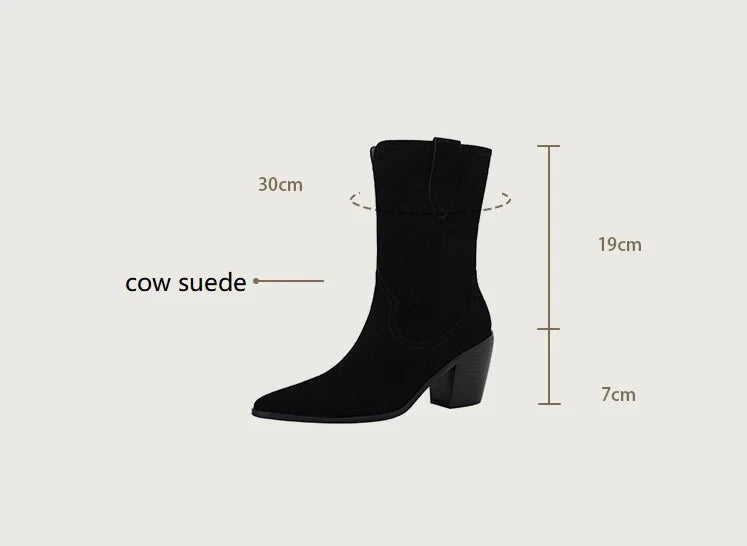 2022 New Autumn/winter Women's Boots Pointed Toe Chunky Heel Short Boots Cow Suede Western Boots Shoes for Women High Heels