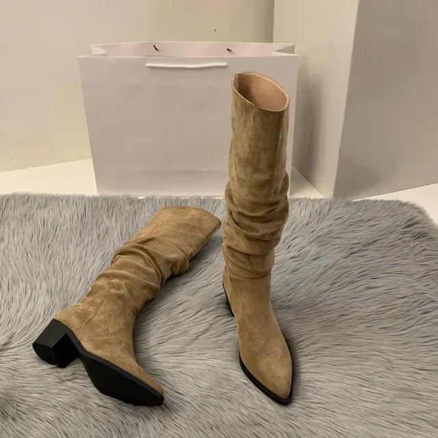 Women's Suede High-heeled Boots for Autumn and Winter 2025, New Plush Pointed Stacking Boots, Fashionable Outdoor Knight Boots