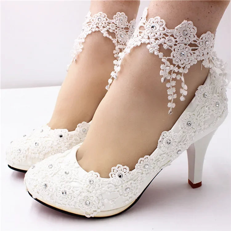 New Shoes Woman Bride Elegant White Lace Pearl Design High Heels Women's High Heels Bride Wedding Shoes Ladies