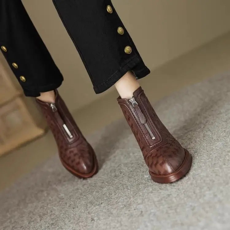 Women's Short Boots 2025 New Autumn Winter Zipper Vintage Chunky Heel Middle Heel Shoes Comfortable Warm Non Slip Fashion Boots