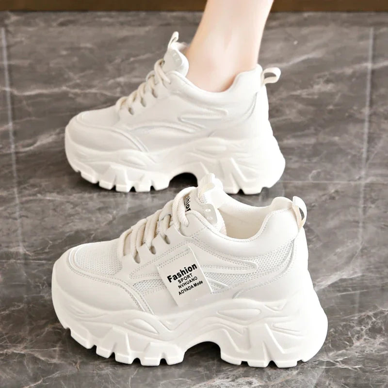 Women's White Platform Sneakers 2025 Spring Lace Up Thick Bottom Vulcanized Shoes Woman Breathable Non Slip Sports Shoes Ladies