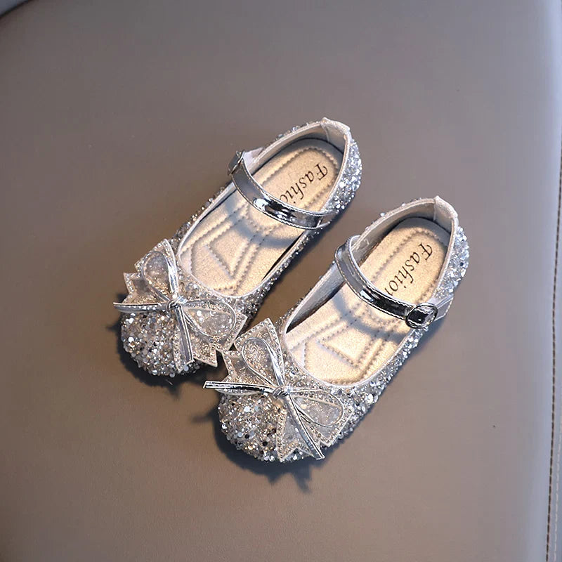 Girl's Princess Shoes Crystal Sequins Bowtie Party Glitter Children Mary Janes Three Colors Wedding Shallow Chic Kids Shoe 26-36