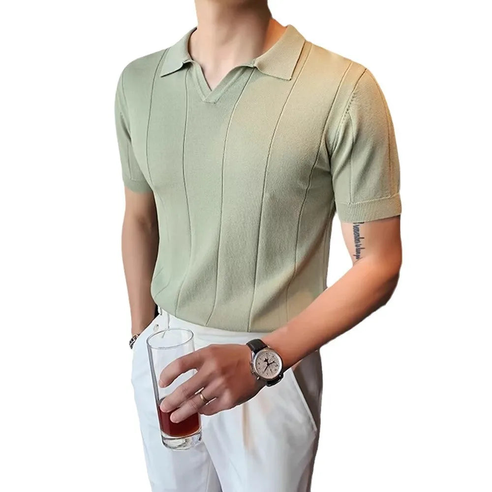 Summer New Short-sleeved Knitted T-shirt for Men, Stylish and Versatile High-end V-neck POLO Shirt