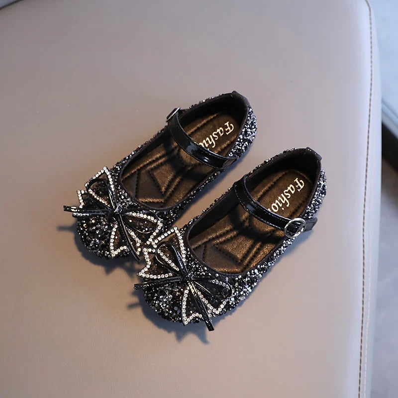Girl's Princess Shoes Crystal Sequins Bowtie Party Glitter Children Mary Janes Three Colors Wedding Shallow Chic Kids Shoe 26-36