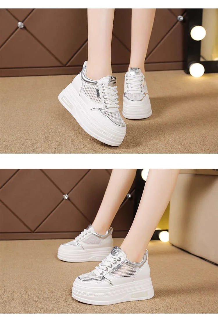 Women's White Chunky Sole Sneakers – Breathable Mesh Shoes with Thick Platform and Air Cushion for Casual Wear