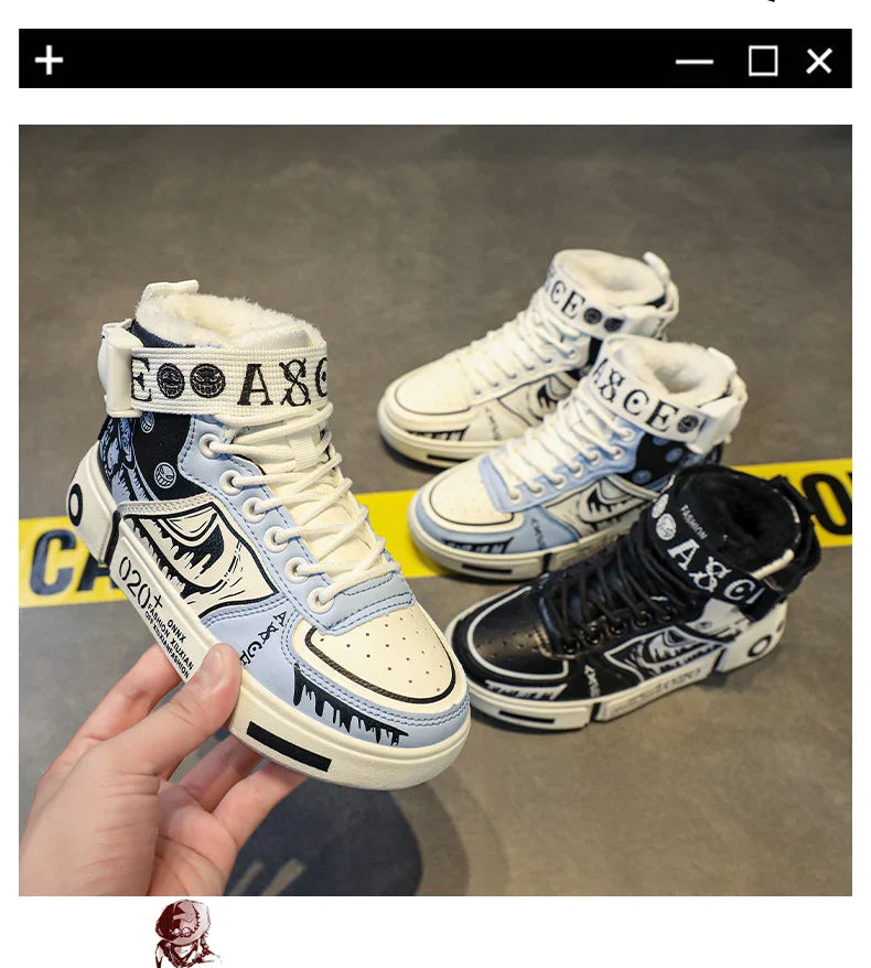 Boys' high-top sneakers Autumn/Winter new style children's sports shoes Buckle student soft-soled fleece casual shoes