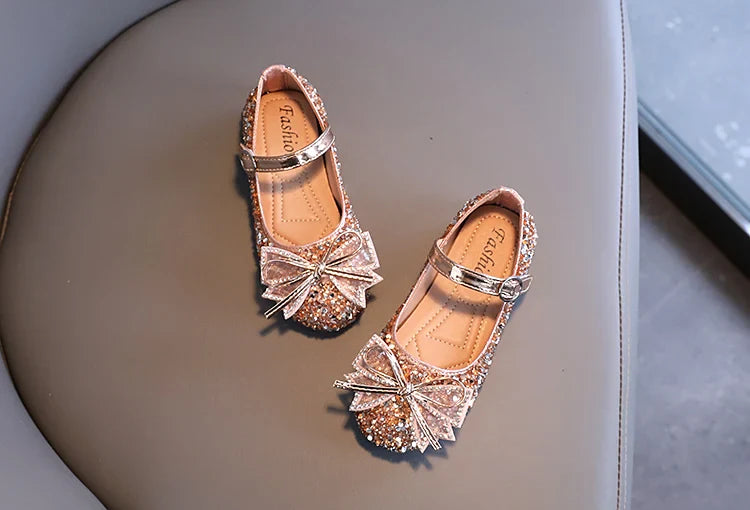Girl's Princess Shoes Crystal Sequins Bowtie Party Glitter Children Mary Janes Three Colors Wedding Shallow Chic Kids Shoe 26-36