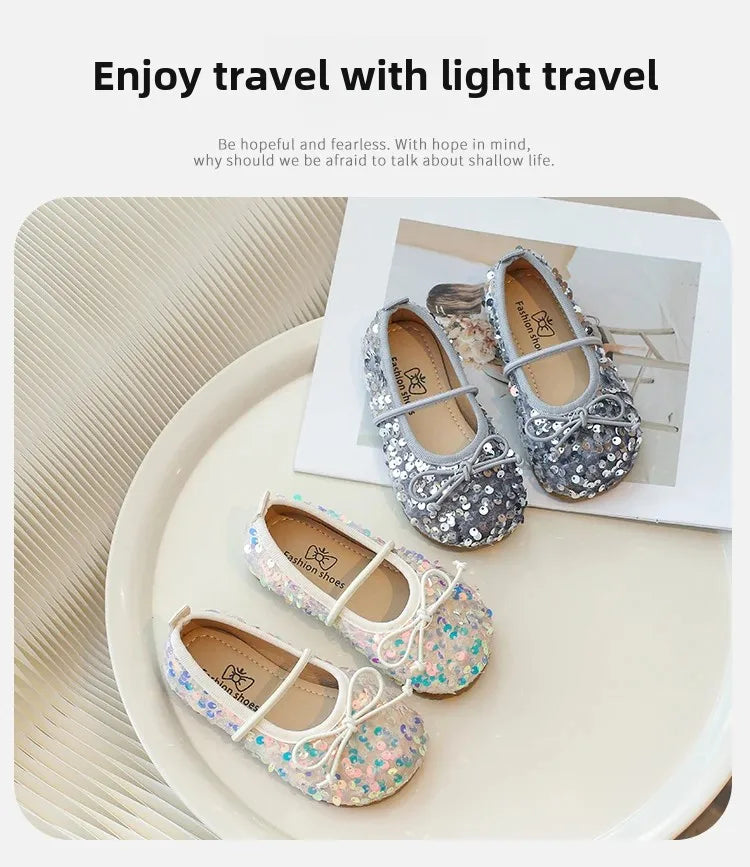Girls' Shoes 2025 Spring New Fashion Little Girl Sequin Princess Shoes Soft Sole Girls' Shallow Mouth Single Shoes Breathable