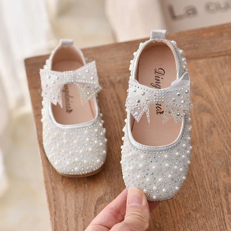 Girl's Princess Shoes Children's Fashion Bow Rhinestone Leather Kids Shoe 2025 New Baby Girls Party Student Flat Shoes