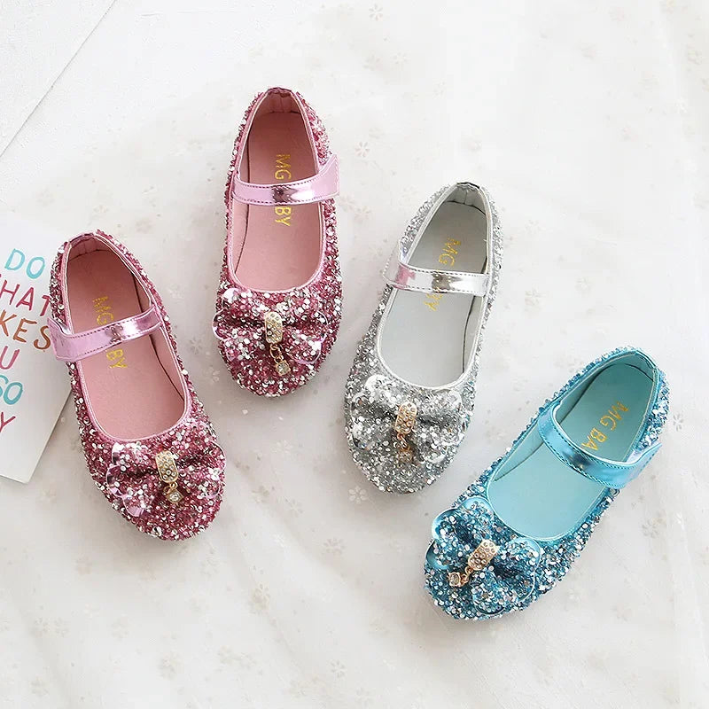 Party Dresses for Girl 2025Spring Fashion Glitter Girl Shoe Water Diamond Princess Shoe Soft Sole Kid Shoes Bow Kid Leather Shoe