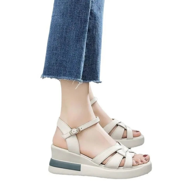 2024 Summer NewWomen's Sandals Casual Retro Hollow Button Sandals Women's Open-toe Sandals Fashion Comfortable Slope Heel Sandal