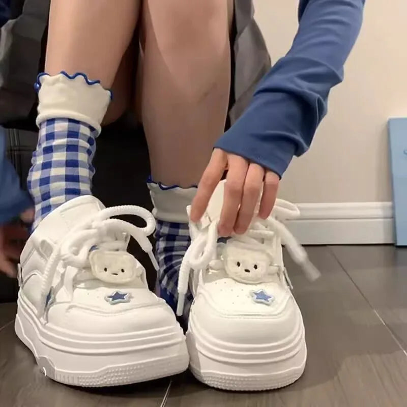 Women Kawaii Blue Platform Sneakers Korean White Shoes Spring Summer Vulcanize Cute Casual Footwear Skateboard Tennis Female