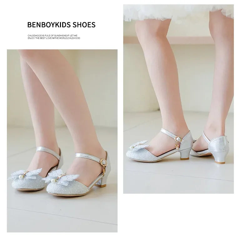 Girls Princess Shoes High Heels for Wedding Party Kids Dance Shoes Sweet Bows 2025 Summer New Children Half Sandals Shiny Sequin