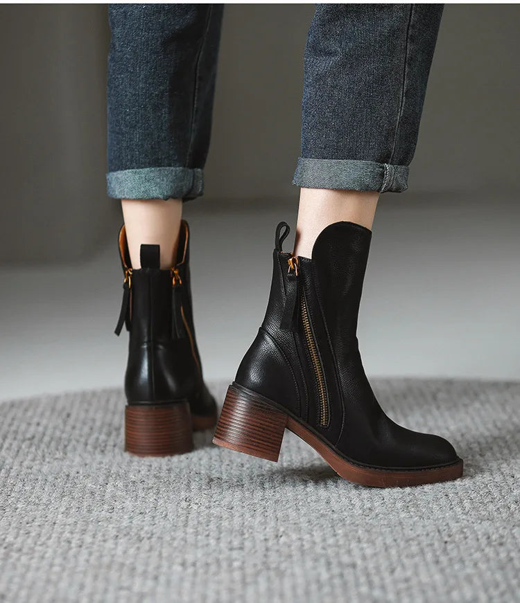 Women's Boots 2025 Spring and Autumn New Chelsea Boots Thick Heel Brown Short Leather Shoes for Women High Heels platform shoes