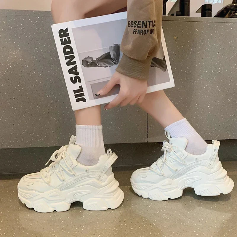 Platform Sneakers for Women Fashion White Lace Up Running Shoes Casual Comfortable Round Toe Chunky Sport Shoes Zapatos De Mujer