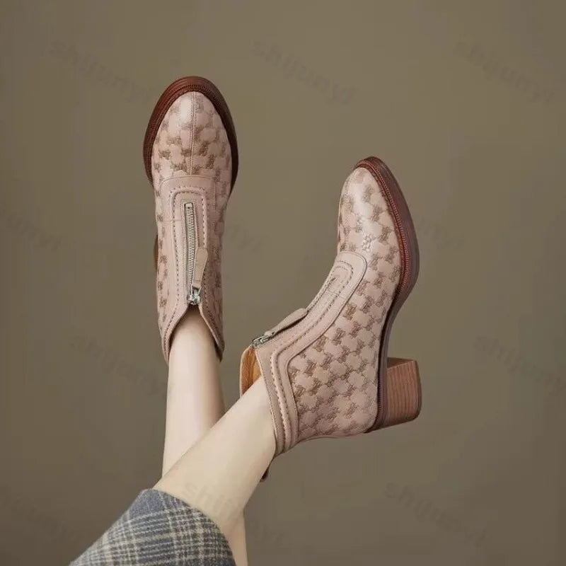 Women's Short Boots 2025 New Autumn Winter Zipper Vintage Chunky Heel Middle Heel Shoes Comfortable Warm Non Slip Fashion Boots