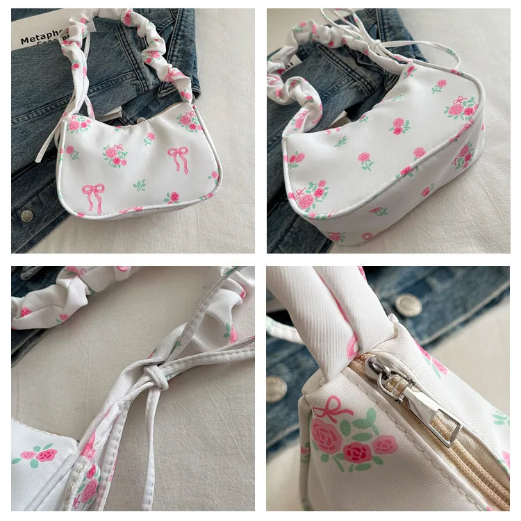 Women's Bags 2025 Summer Nylon Pleated Handbags Armpit Bag Korean Floral Bow Printed Zipper Tote Bag Female Small Shoulder Bags