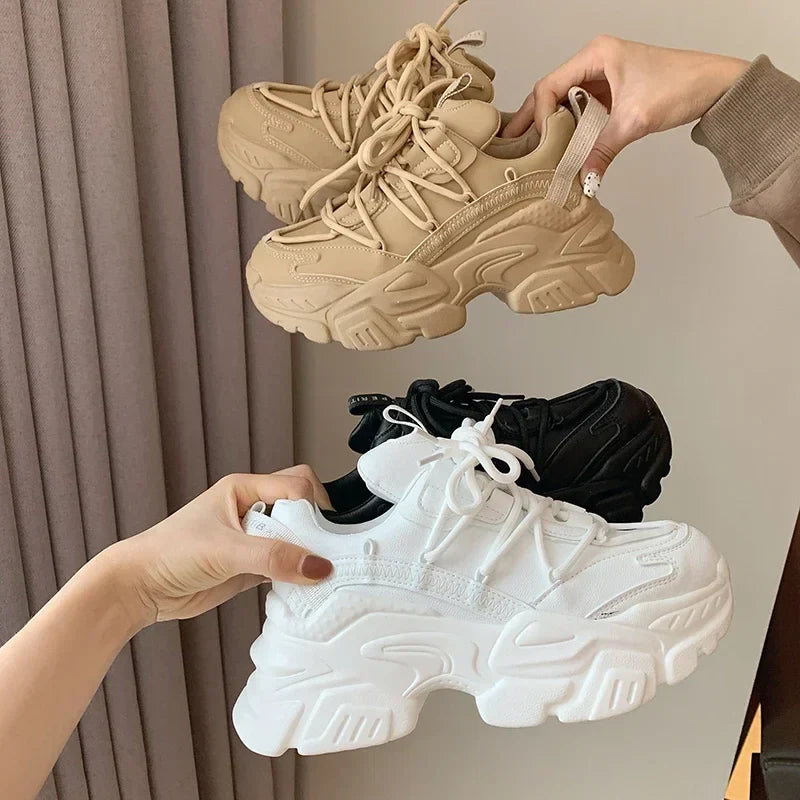 Platform Sneakers for Women Fashion White Lace Up Running Shoes Casual Comfortable Round Toe Chunky Sport Shoes Zapatos De Mujer