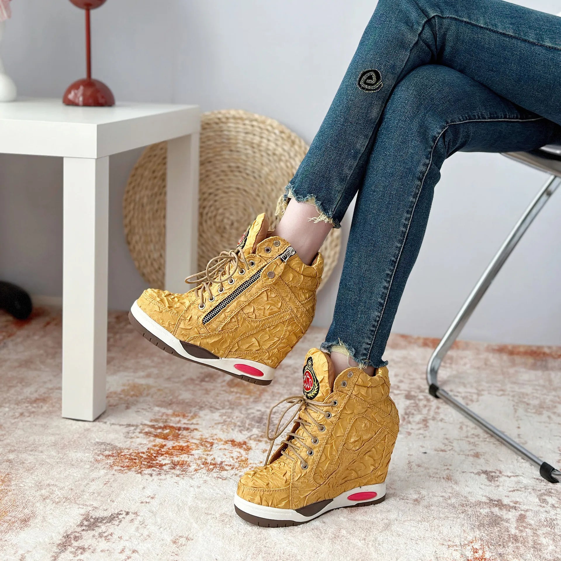 Womens Sneakers Shoes 2025 Fashion Platform Designer Thick Sole Casual Hoof Heels TPR Autumn Round Toe Solid High Increased Inte