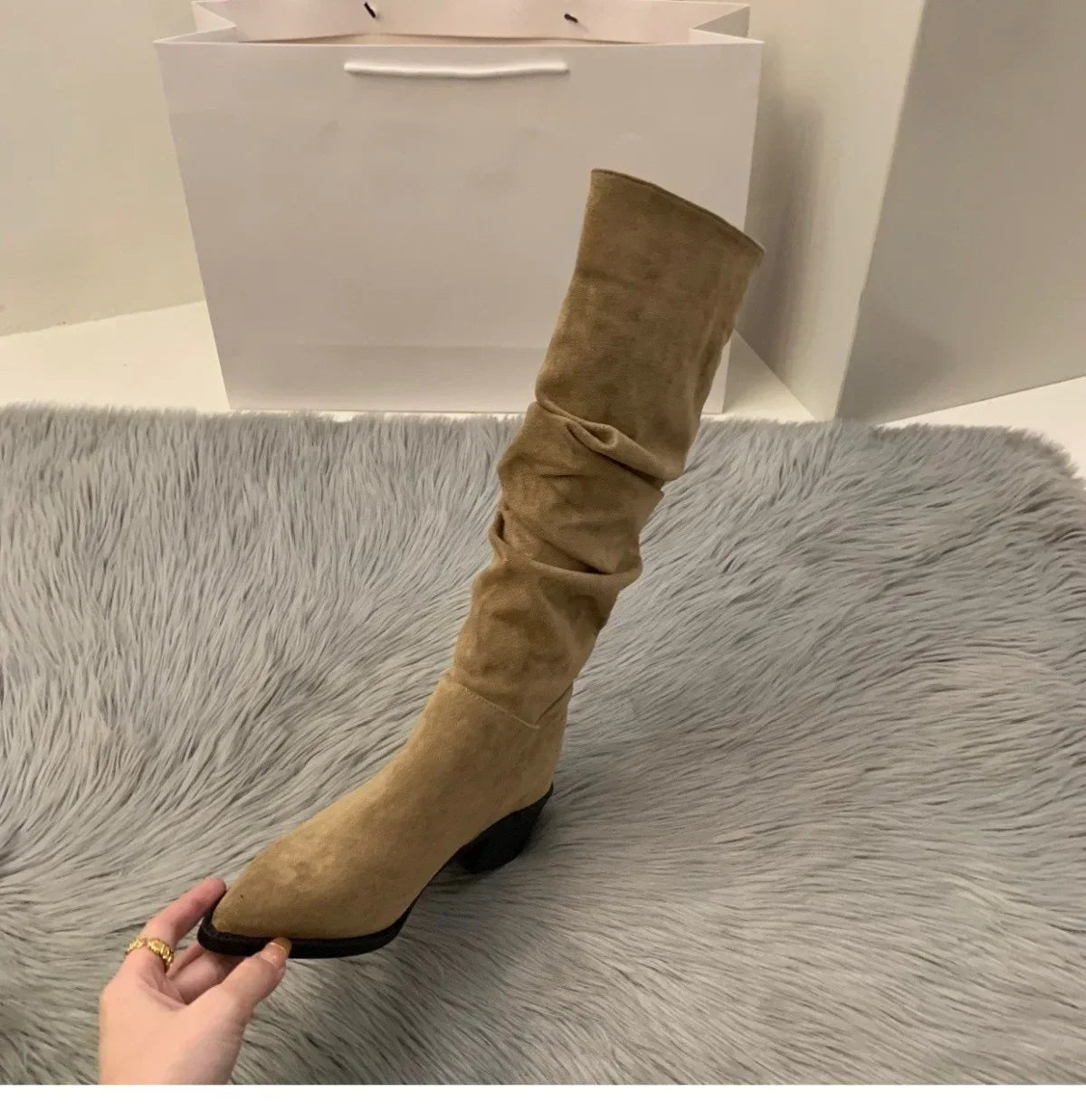 Women's Suede High-heeled Boots for Autumn and Winter 2025, New Plush Pointed Stacking Boots, Fashionable Outdoor Knight Boots
