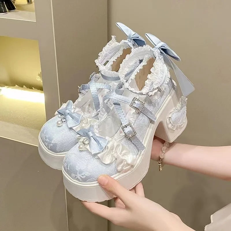 New Princess Shoes with Elegant Temperament Soft Sole Lace Lolita Original Thick Heel Height Increasing Mary Jane Single Shoe