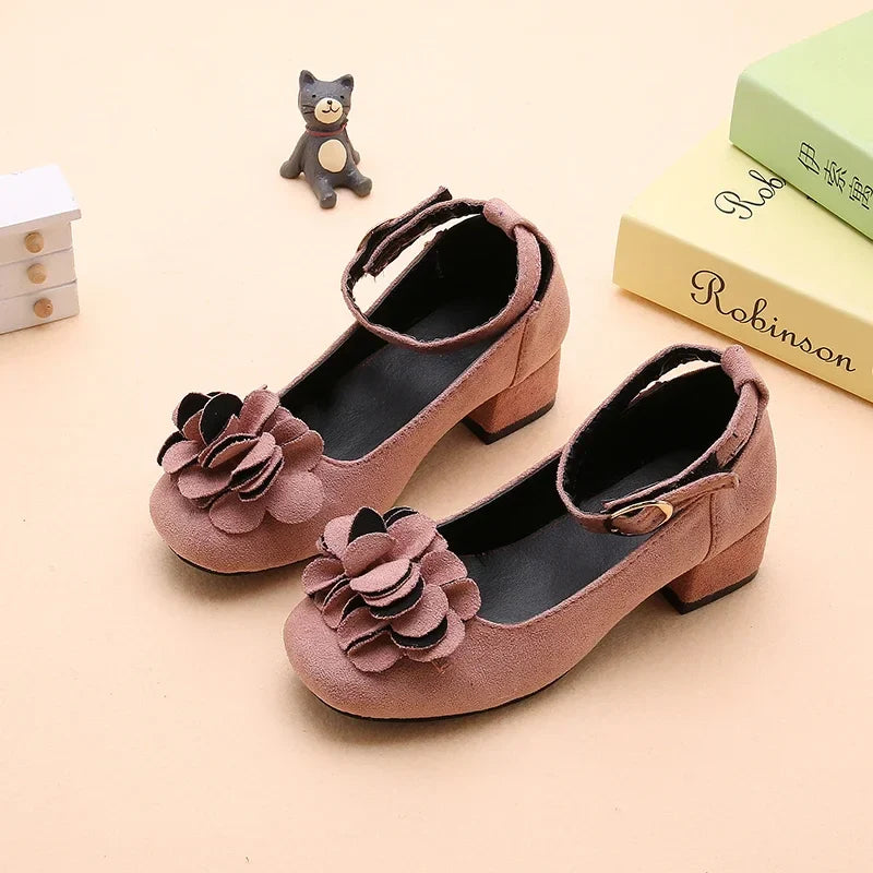 Girl's High Heel Shoes Spring Autumn Kids Leather Shoe Fashion Sweet Flower Children Princess Shoes for Wedding Party Versatile