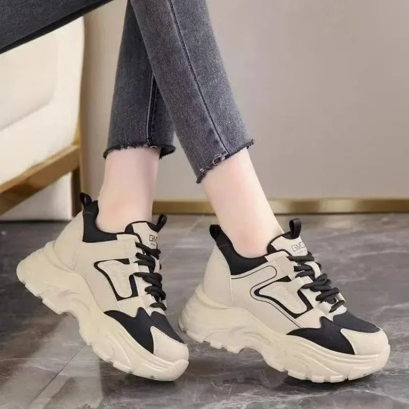 Women's 2026 Spring Sneakers with Thick Bottom and Leather Face High Inner Heel Shoes Comfortable for Sports and Casual Wear