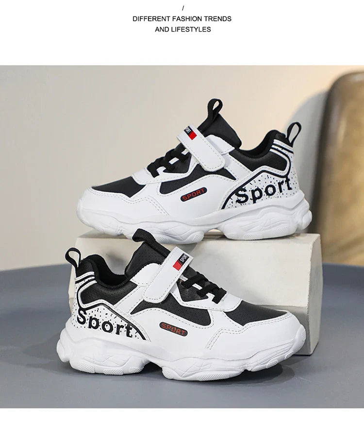 Boys Shoes Sneakers Leather Children Comfortable Flat Shoes Black White Shoes for Kids Girls School Walking Footwear Non Slip