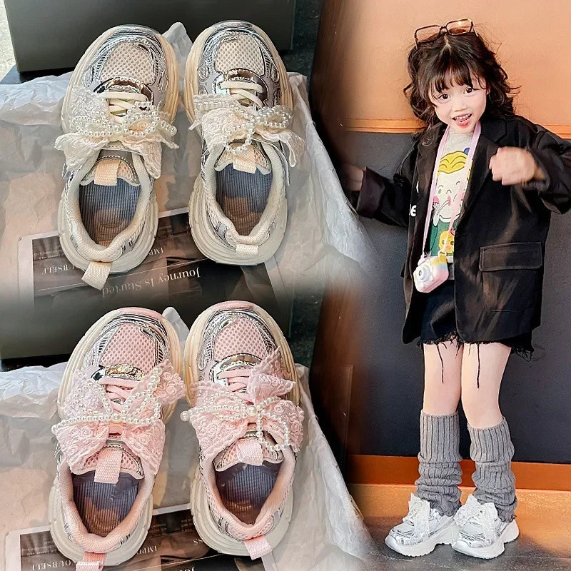 Girls Running Shoes with Sweet Mesh Bow Kids Sports Shoes Breathable 2025 New Fashion Children Sneakers Princess Style Cute