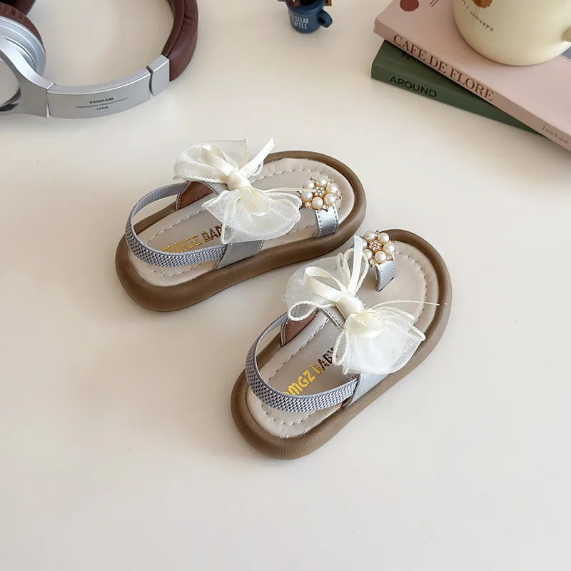 Summer Fashion Kids Platform Princess Shoes  Sandals Girls Rhinestone Straps Beach Shoes Soft Sole Ribbon Bow Versatile Sandals