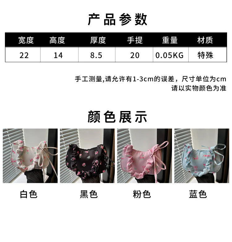 Women's Bags 2025 Summer Nylon Pleated Handbags Armpit Bag Korean Floral Bow Printed Zipper Tote Bag Female Small Shoulder Bags