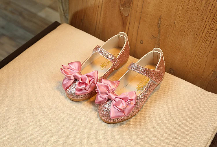 Glitter with Bow-knot Princess Sweet Bling Dress Shoes for Dance Party Girls Leather Shoes for Toddlers Kids Big Children Flats