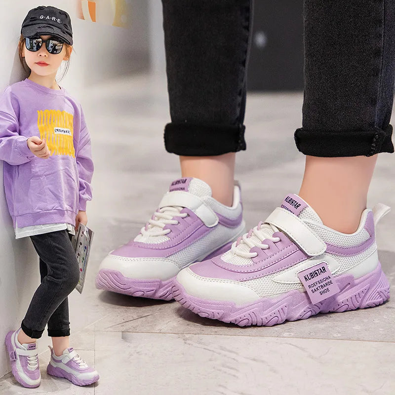 Spring New Kids Sneakers 2023 PU Girls Casual Mesh Solid Pink Light Boys White Hook & Loop Children Non-slip Sports Shoe Fas