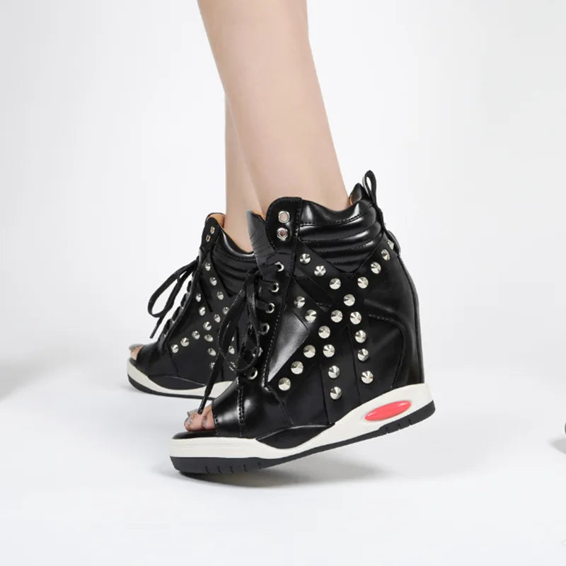 Womens Sneakers Shoes 2025 Fashion Platform Designer Thick Sole Casual Hoof Heels TPR Autumn Round Toe Solid High Increased Inte