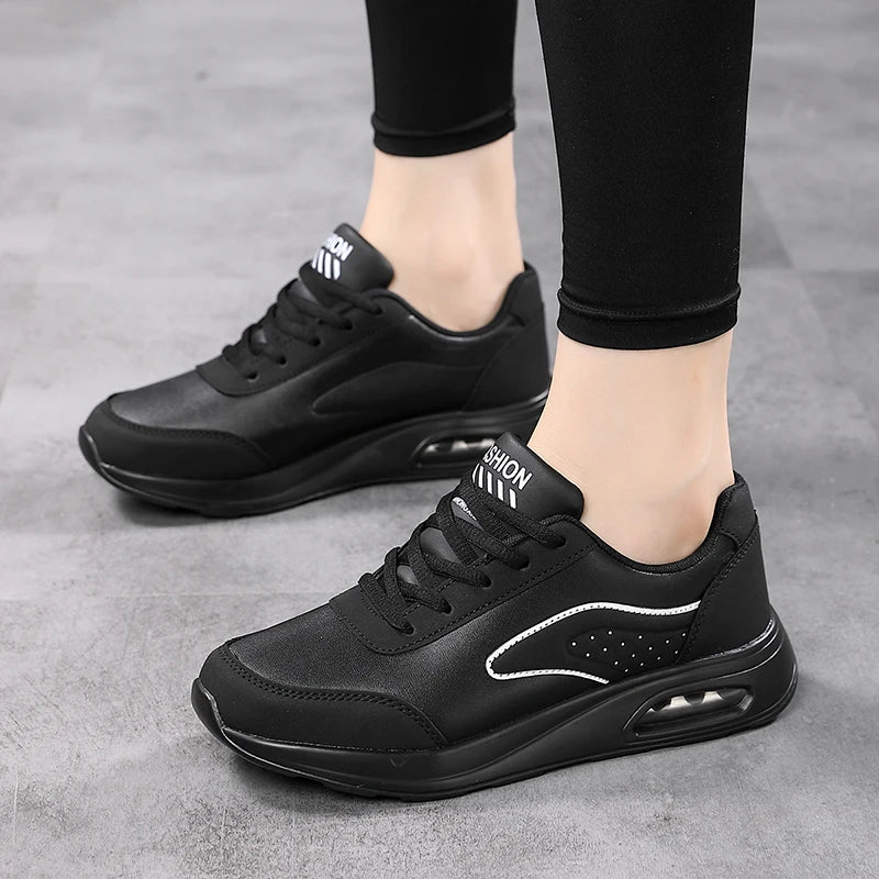 2025 New Women's Fashionable Sneakers Leather Women's Casual Shoes Lace Up Flat Shoes Ladies Lightweight Fitness Walking Shoes