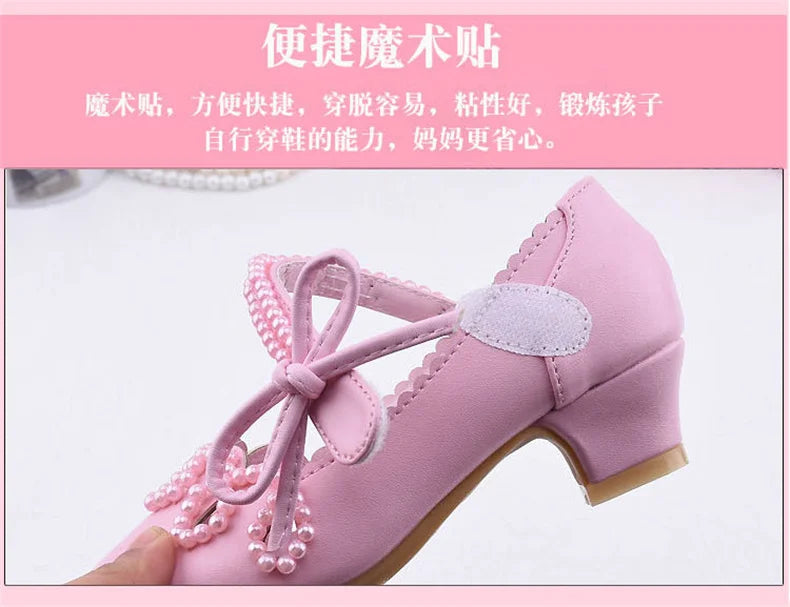 New Princess Kids High Heels Shoes Girls Wedding Dress Party Leather Shoes Children's White Shoes Performance Shoes for Students