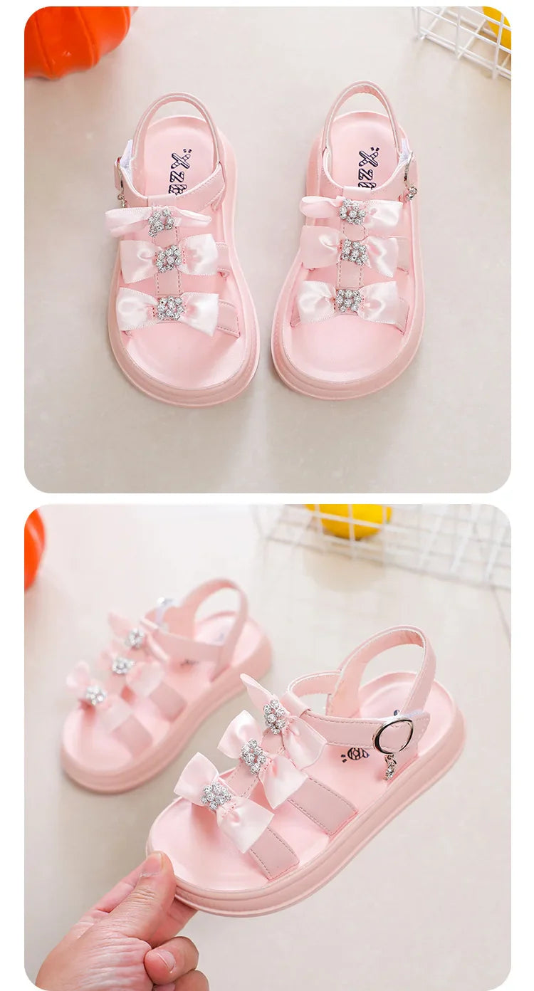 Girls Sandals with Sweet Bows Soft Sole Kids Beach Shoes Versatile 2025 Summer New Children Princess Shoes Casual Non-slip Cute