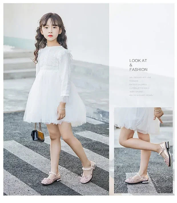 Little Kids Pearl Glitter Leather Shoes Girls Low Heeled Shoes Soft Soles Princess Dance Shoes Children Wedding Party Dress Shoe