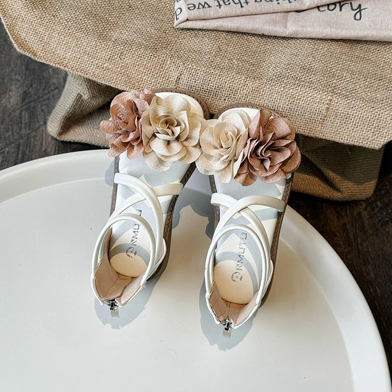 Girls' Sandals 2025 Summer New Children's Flower Princess Shoes Medium Large Children's Soft Bottom High Butt Roman Shoes