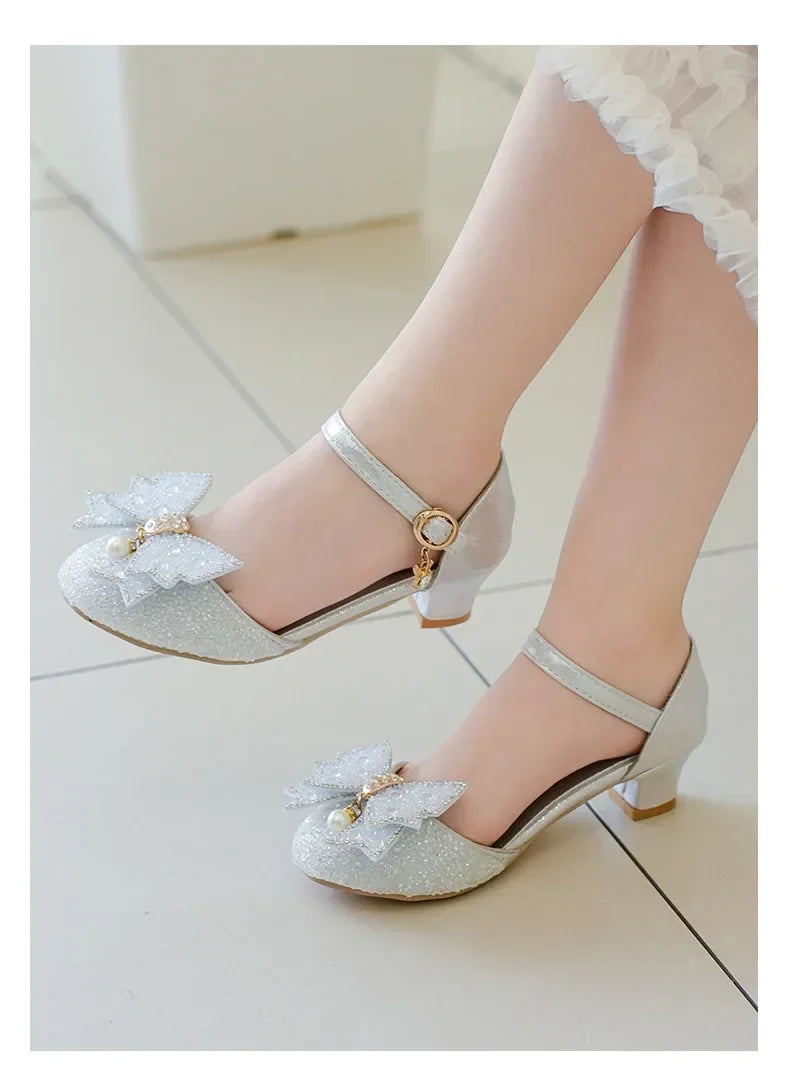 Girls Princess Shoes High Heels for Wedding Party Kids Dance Shoes Sweet Bows 2025 Summer New Children Half Sandals Shiny Sequin