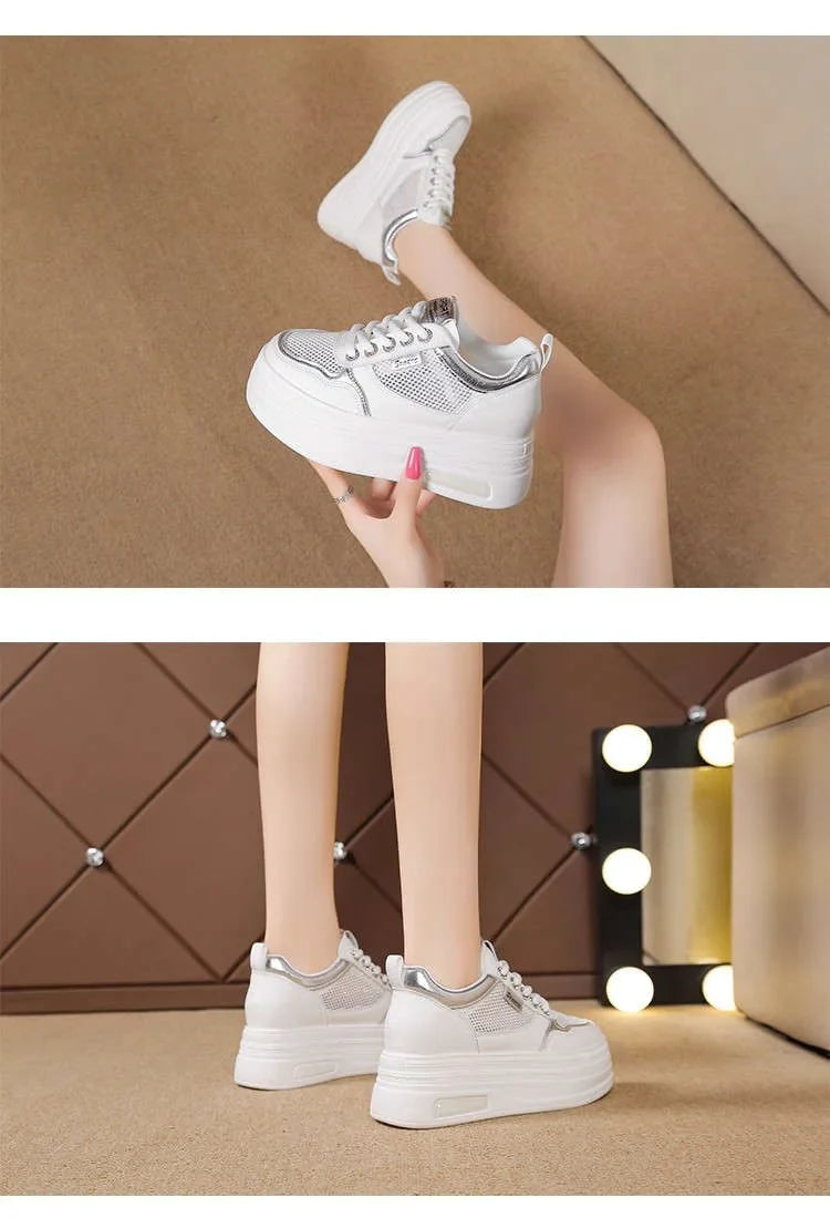 Women's White Chunky Sole Sneakers – Breathable Mesh Shoes with Thick Platform and Air Cushion for Casual Wear