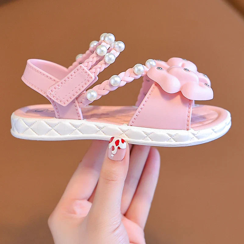 New Summer Bow Pearl Ornament Flat Sandals For Girls Aged 1-7 Children Slippers Non-slip Outdoors Seabeach Flip Flops Kids Shoes