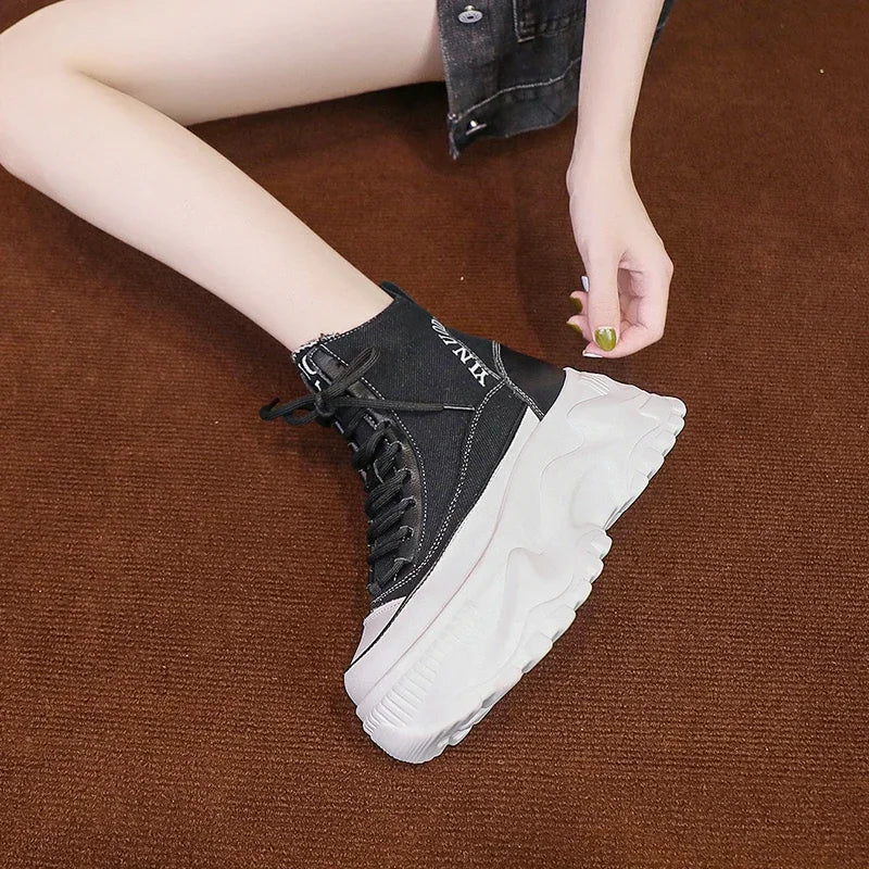Women Sneakers High Top Platform Breathable Leather Shoes 2023 Autumn Ladies Wedges Casual Shoes For Woman Sports Dad Shoes 8CM