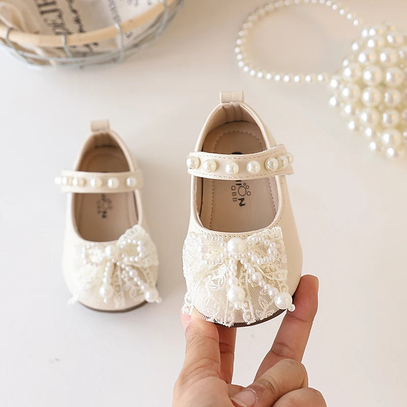 Baby Princess Leather Shoes with Lace Bows Beading Kids Flat Shoes Round Toes 2025 Autumn New Girls Casual Walking Shoes Soft