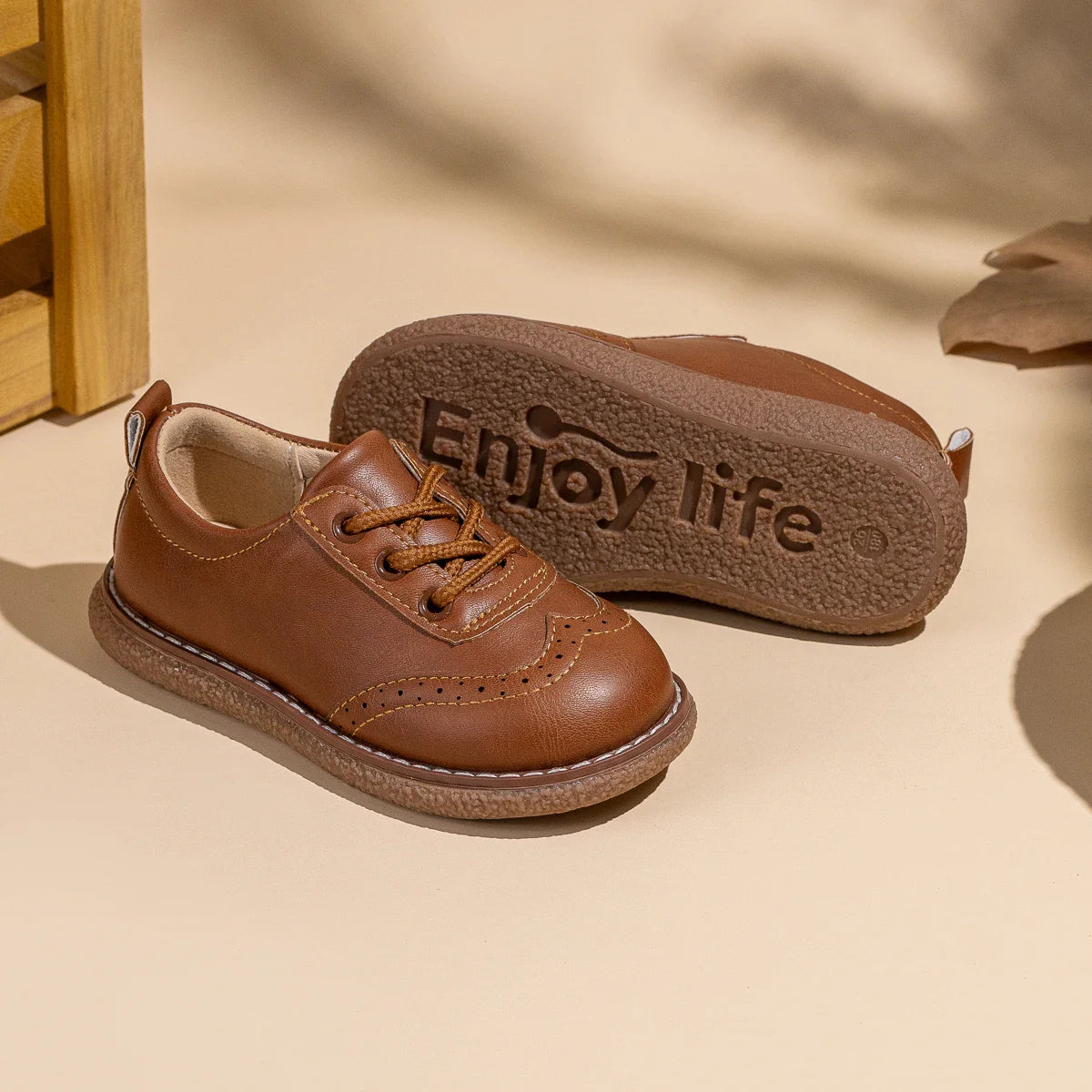 KIDSUN Children Retro Casual Leather Shoes Comfortable Breathable Rubber Soft Anti-Slip Flat Sole Lace Up Solid Color Flats Shoe