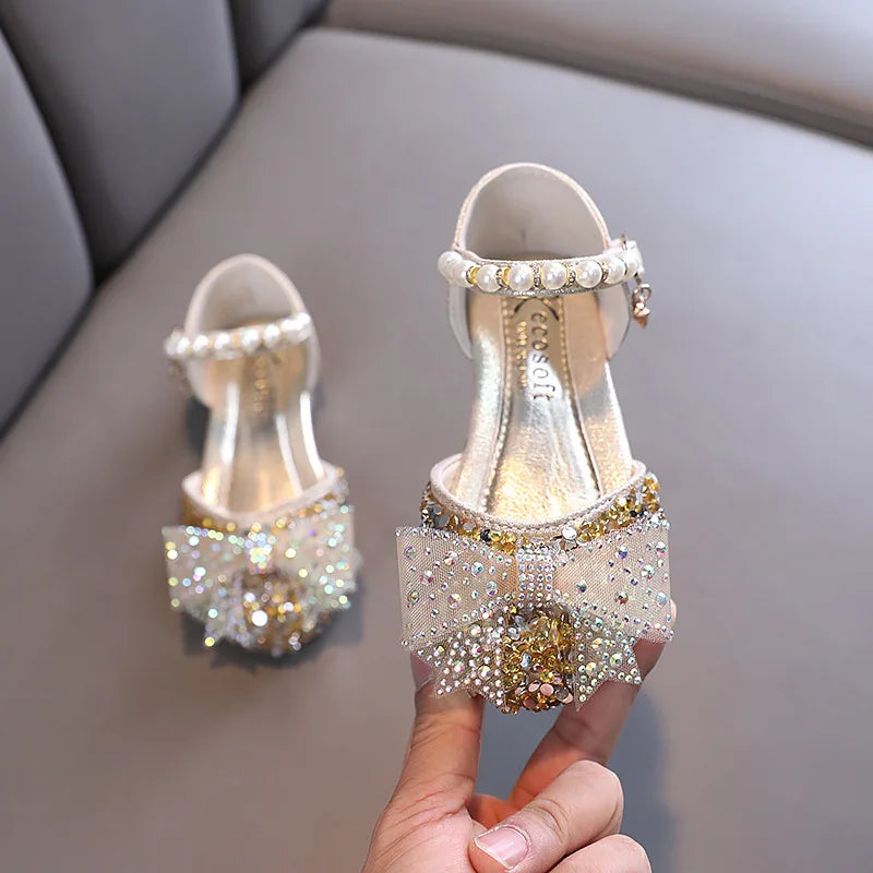 2024 New Children's Party Wedding Children Shoes Sequin Lace Bow Kids Shoes Cute Pearl Princess Dance Single Casual Girls Shoe