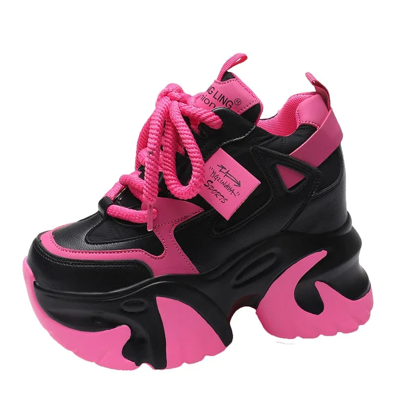 Women Walking Sneakers 2025 Spring Lace-up High Platform Chunky Shoes Breathable Leather Shoes 10CM Wedge Heels Casual Shoes