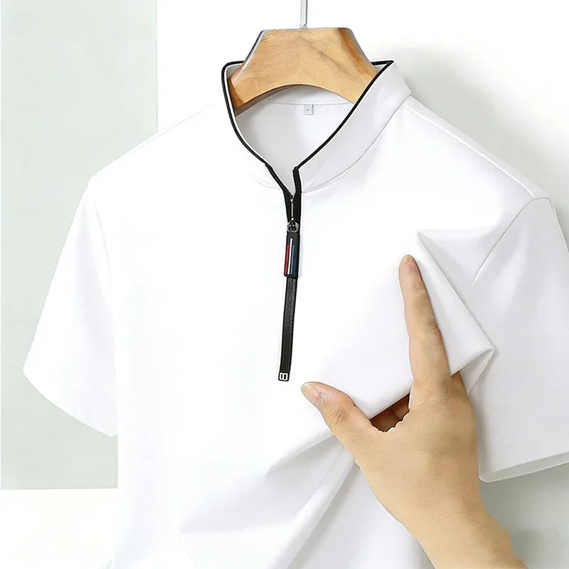 Men's Short Sleeve Stand Collar T-Shirt Summer Casual Business Half-Zip Top Breathable Solid Color Slim Fit Male Daily Wear