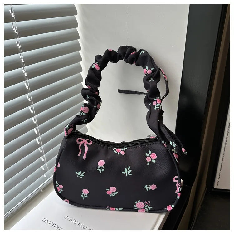 Women's Bags 2025 Summer Nylon Pleated Handbags Armpit Bag Korean Floral Bow Printed Zipper Tote Bag Female Small Shoulder Bags