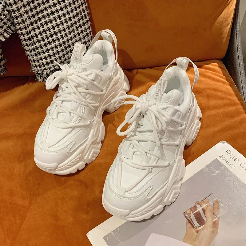 Platform Sneakers for Women Fashion White Lace Up Running Shoes Casual Comfortable Round Toe Chunky Sport Shoes Zapatos De Mujer
